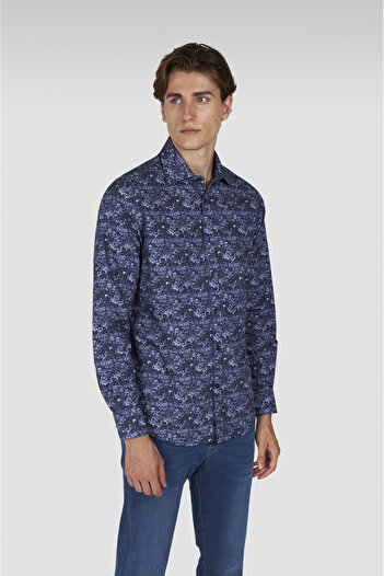 PAUL&SHARK Men's Regular Fit Cotton Floral Pattern Long Sleeve Navy Blue Shirt 15313057Cf-F17
