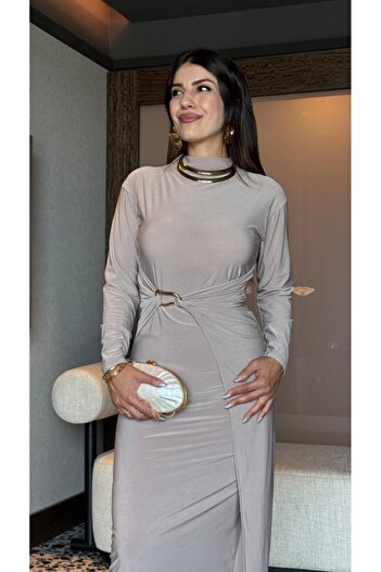 JANES Women's Turtleneck Buckle Detail Sandy Fabric Midi Length Dress