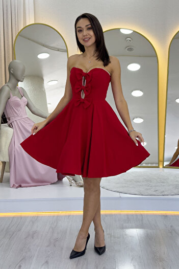 the ZKS Women's Red Short Strapless Bow Detail Evening Dress