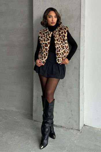 Caddebostan Moda Leopard Patterned Plush Women's Premium Luxury Trend Design Buttoned Vest
