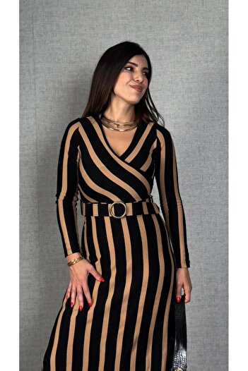 JANES Women's Long Sleeve Double Breasted Collar Belt Included Striped Knitwear Dress