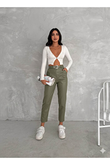 Gugus Women's High Waist Masculine Classic Leather Pants with Belt Detail Carrot Model