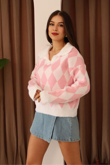 Nazline Women's Diamond Pattern Shirt Collar Long Sleeve Knitwear Sweater