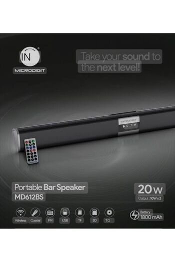 Microdigit Portable Bluetooth Bar Speaker MD612BS 20W 1800mAh Battery with USB, AUX, and FM Ports