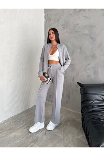 Gugus Women's Modal Fabric Zippered Wide Leg College Collar Suit