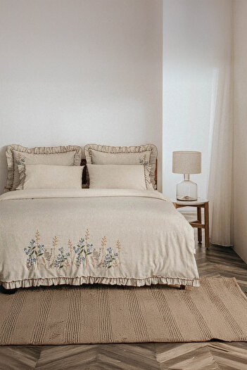 Ecocotton Latifa Gray Double Size 100% Organic Cotton Linen Embroidered Duvet Cover Set