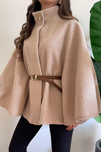 Nazline Women's Oversize Belted Detailed Boucle Fabric Poncho