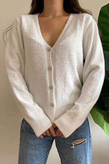 Nazline Women's V-Neck Buttoned Soft Textured Long Sleeve Knitwear Cardigan