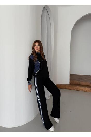 QİMYA BUTİK Buketli̇ Women's Ribbed Denim Garnished Long Sleeve Knitted Oversize Double Set