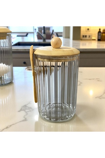 MİEN Glass Jar with Spoon - 1000ml, Multi-Purpose Jar, Vacuum Bamboo Lid