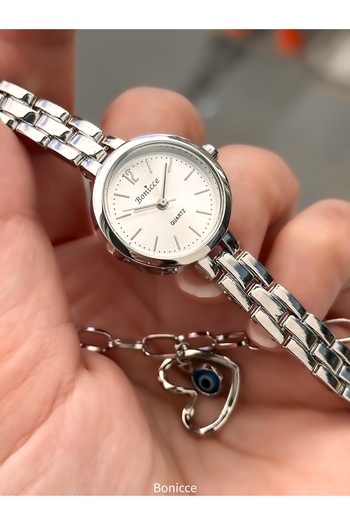 Bonicce Mini Case in a Gift Box Retro Vintage Elegant Silver Cord Women's Watch Heart Bracelet with Gift