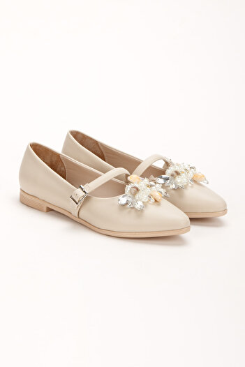 HAYAT SHOES Single Strap Seashell Pearl Detailed Stylish Aesthetic Pointed Toe Beige Women's Shoes Ballet Flats New Season
