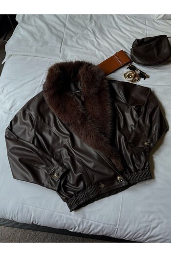 D'RECCY Women's Fur Collar Leather Oversize Bomber Jacket