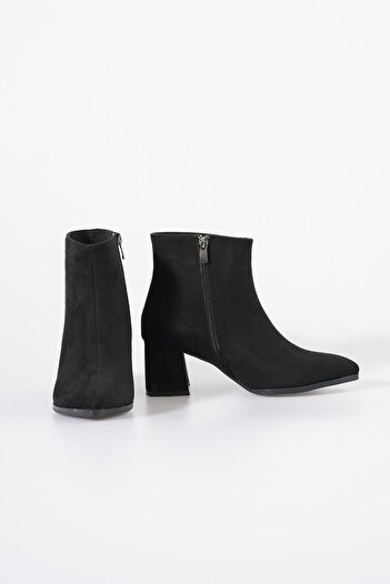 Moda Pie Nensan Side Zipper Pointed Toe Women's Heeled Boots Black Suede