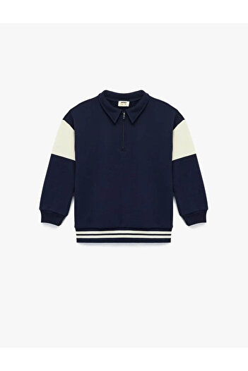 Koton Shardonlu Zipper Detailed Polo Neck Navy Blue Boys' Sweatshirt 6Wkb10195Tk