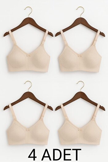 enmodaiçgiyim 4 Pieces Cream Color Cotton Gathering Combed Bra – Without Underwire, Without Padding, Polka Dot Pattern