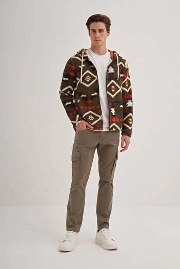 Cazador Vintage Patterned Fur Regular Fit Hooded Khaki Men's Cardigan 50940