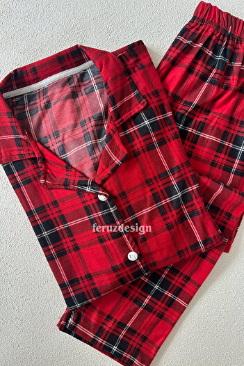 Feruzdesign Red Plaid Buttoned Front Long Sleeve Pajama Set