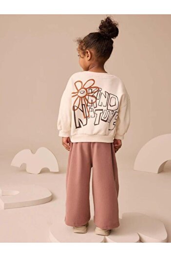 Magu Girl's Cotton Ecru Printed Sweatshirt and Dusty Rose Sweatpants Set - Comfortable Fit