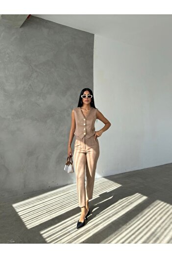 Azra Moda Style Trend Güderi Buttoned Accessory Vest Suit for Women