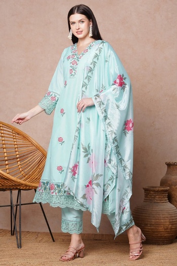 PRIYA'S PANACHE Light Blue Floral Printed A-Line Flared Kurta Set with Pant and Dupatta