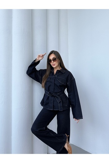 Rabi Shine Women's Denim Belted Jacket Pants Set