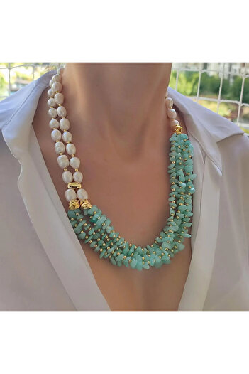 elinasaccessories Amazonit ve İnci Kolye, İnci Kolye, Amozonit Doğal Taş Kolye, Kadına Hediye,Designer Kolye