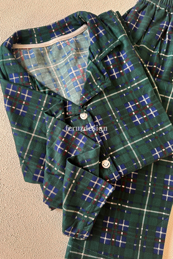 Feruzdesign Yeşil Ekoseli Önden Düğmeli Uzun Kollu Pijama Takımı