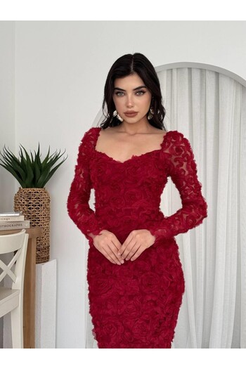 Julidress 3D Rose Patterned Tight Fitting Lined Premium Design Dress