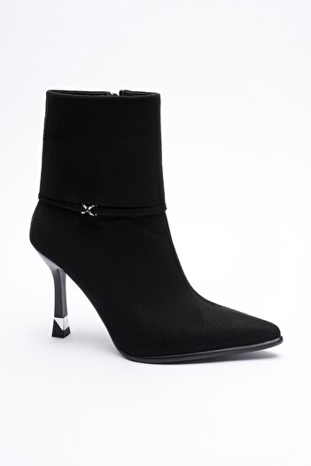 Mubiano Women's Suede Boots High Heeled Zippered Platinum Accessories Black Nuvia