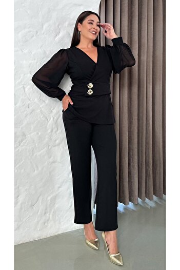 Butik Nilyam Women's Plus Size Double Breasted Collar Chiffon Sleeve Double Brooch Detail Stretchy Blouse Pants Set 25038