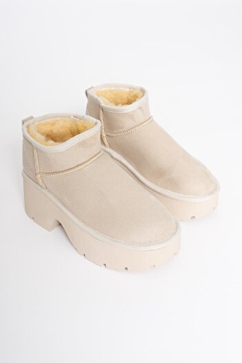 Mubiano Women's Suede Boots Thick Heeled Beige Ria