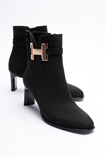 Mubiano Women's Suede Heeled Boots 6.5 cm Zippered Gold Buckle Black Hermina