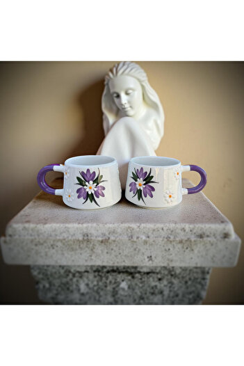 İlbay Çini Takı 2 Pieces of Ceramic Classic Kettle Mug with Lilac-Colored Crocus Flower Pattern
