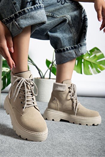 BOA Cream Suede Lace Up High Sole Women's Boots