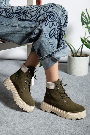 BOA Khaki Suede Lace-Up High Sole Women's Boots