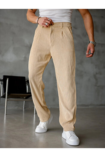 MENOFOURSWEAR Men's Pleated Baggy Fit Velvet Trousers Cream