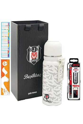 Beşiktaş Licensed 650ml New Season Steel Thermos Cup with Box and Tikky Versatil Red Tip Pen 3-Piece Set