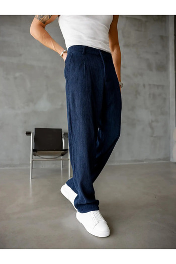 MENOFOURSWEAR Men's Pleated Baggy Fit Corduroy Trousers Navy Blue
