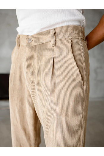 MENOFOURSWEAR Men's Pleated Baggy Fit Velvet Trousers Cream