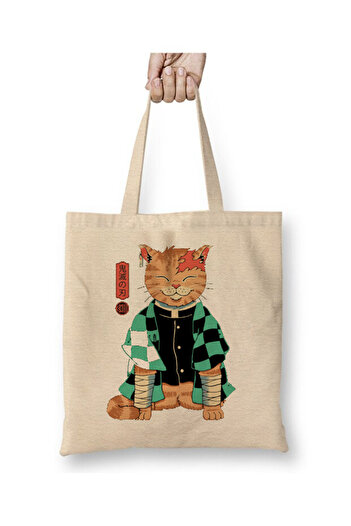 Toyaso Demon Slayer Tanjiro Cat White Cloth Bag Long Handle Shopping Bag Beach Bag