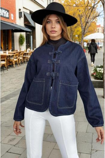 Pasaklı Giyim Women's Oversized Denim Jacket – Tie Detail, Oval Cut KT00102451