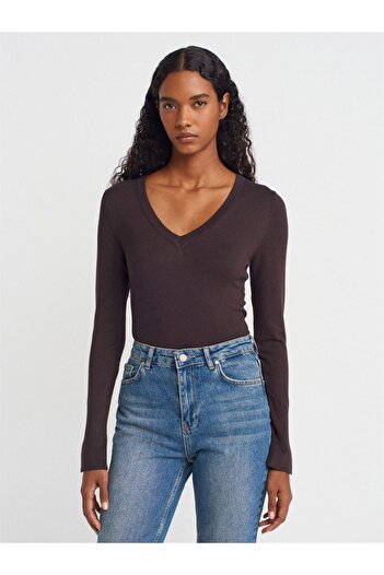 Dilvin V-Neck Sleeve Slit Sweater-Dark Brown