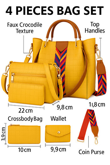 Generic Women’s PU Leather Handbag Set – Designer Tote Satchel Shoulder Bag with 3 Pouches, Yellow
