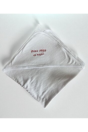 Botez White-red hooded towel “First bath with the godparents”, 75×75 cm, PB0015