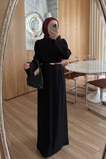 Ka Hijab Mercerized Dress with Sleeve Detail and Belt - Black
