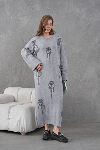 Miss Allos Women's Wide-Fit Long Knit Dress with Beading and Embroidery on the Front