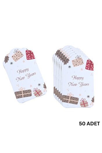 roco paper New Year's Happy New Years Written Gift Tag, New Year's Packaging Card, 50 Pieces-4,5X7.5Cm, White
