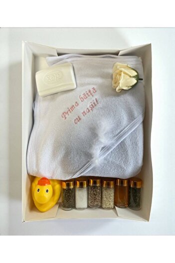 Botez White-pink hooded towel “First bath with the godparents”, with spice bottles, 75×75 cm, PB0012