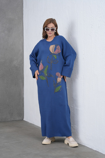 Miss Allos Women's Wide-Fit Long Knit Dress with Beading and Embroidery on the Front